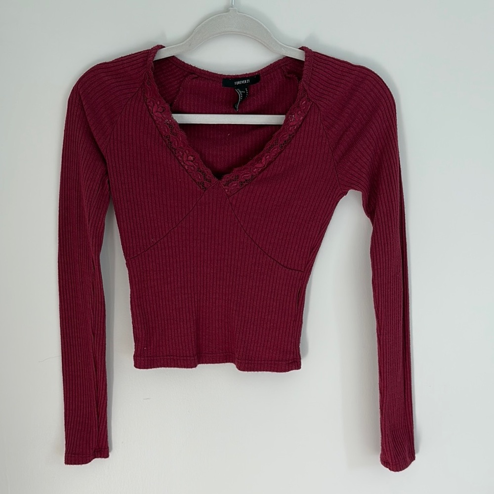 Forever 21 Red Fitted Ruffled Long Sleeve Blouse